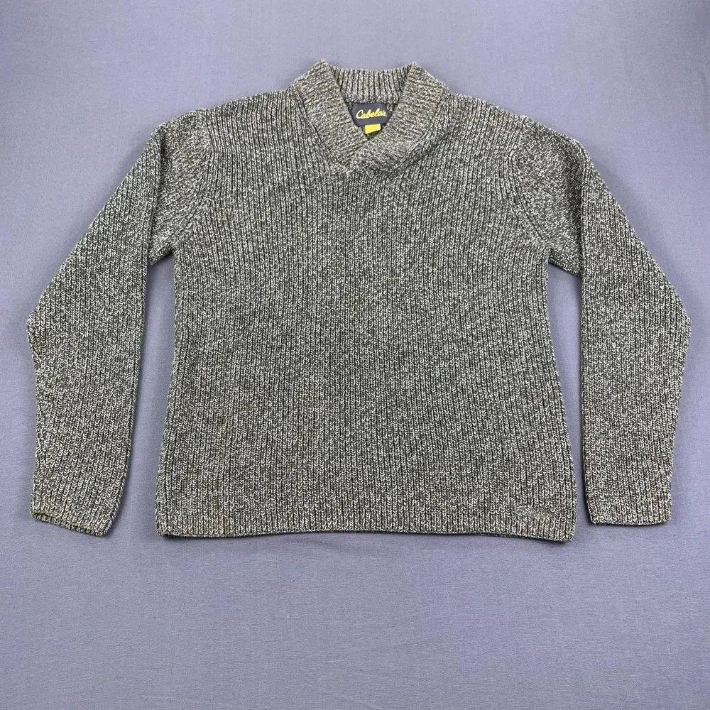 Cabela's Sweater Men LG Brown Shawl Cotton Marled Rib Knit Pullover Stockinette‎
